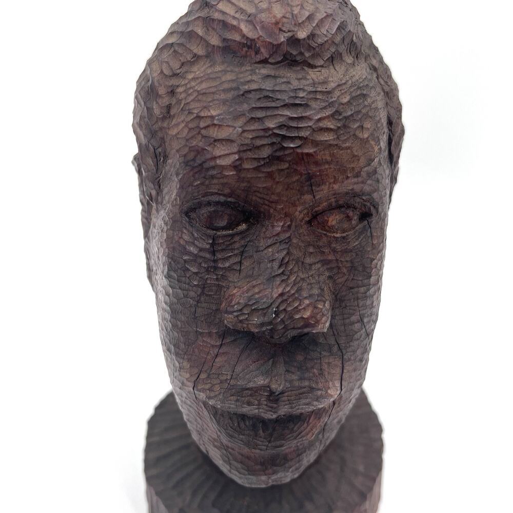 Antique Folk Art African American Man Solid Heavy Carved Wood Head Statue - Picture 2 of 10